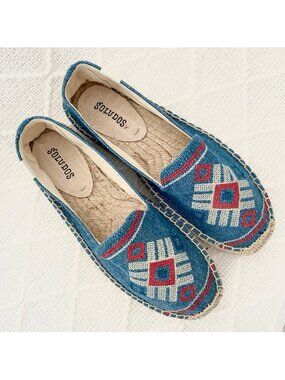 New Soludos Espadrilles Bohemian Aztec Slip-on Flats | Blue Denim | 7
